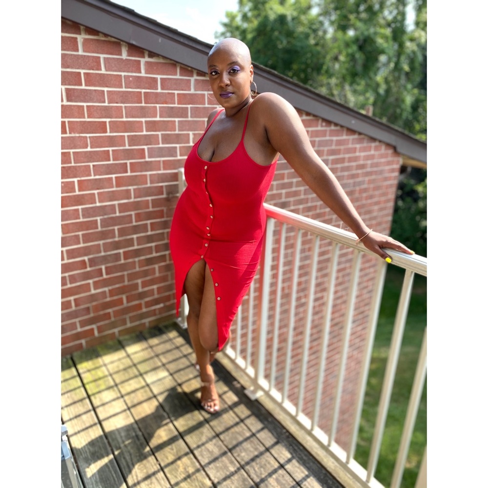 Basic red ribbed knit midi dress